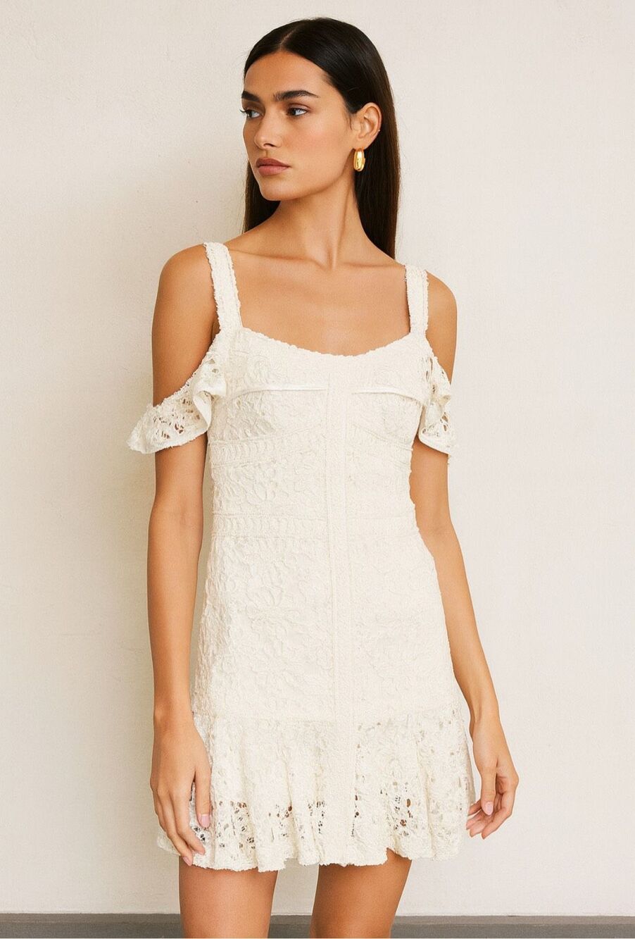 Alexis Linzi Ivory Lace Ruffle Mini Dress Size L Bridal Shower Bachelorette